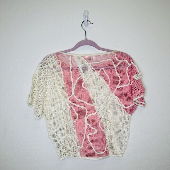 Lim's Vintage Hand Crocheted Abstract Flower Top Pink White Pom Poms Medium - Picture 5 of 6
